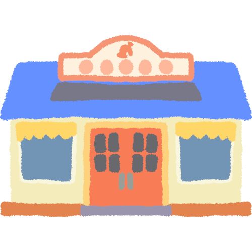 a simple off-white shop on a terracotta foundation with with a blue roof, two red doors, two blue windows with yellow awnings, a sign at the top of the roof with five pink dots and a red leaf symbol
